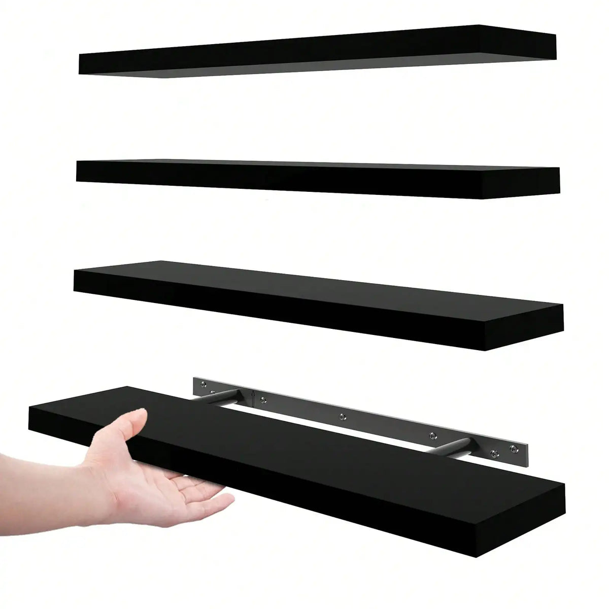 Two black floating wall shelves with invisible brackets shown in various orientations and installation context.