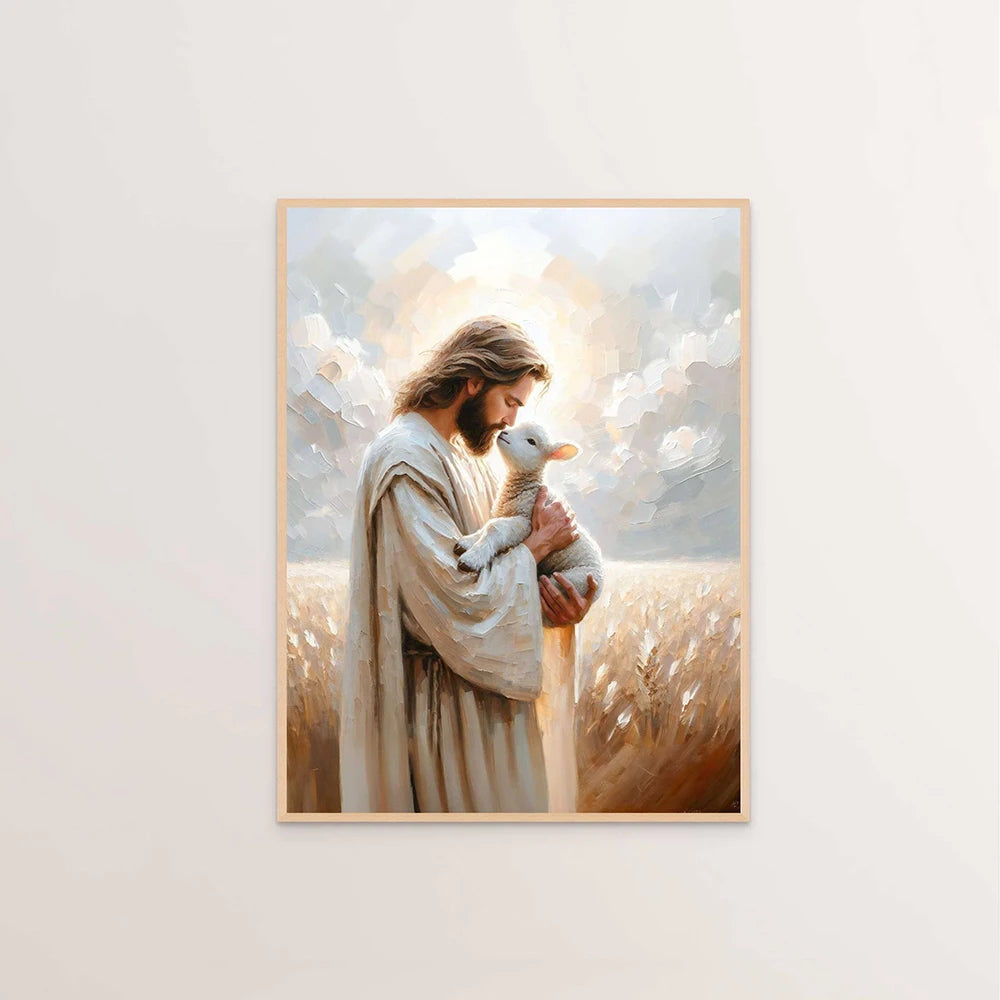 Canvas wall art depicting Jesus Christ holding a small dove in a field with soft, warm lighting.
