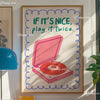 A canvas art print featuring a pink retro vinyl record with an open lid, surrounded by a blue decorative border.