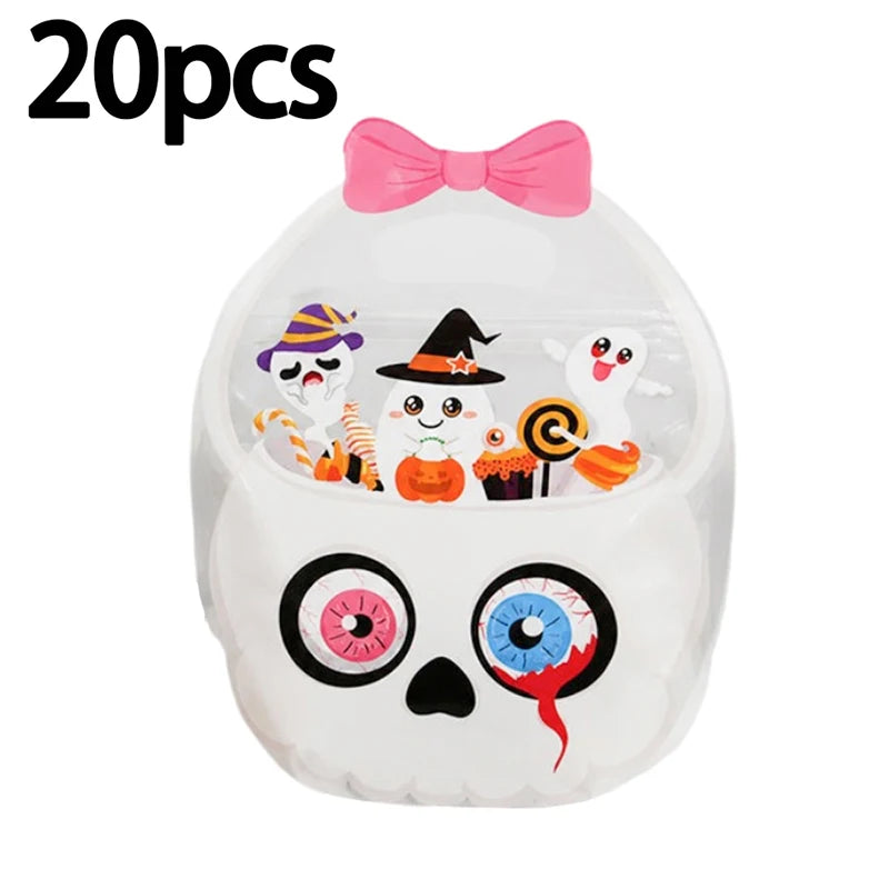 A white Halloween pumpkin-shaped container filled with 20 small witch and ghost-themed treats.