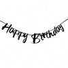 A black glitter banner spelling out Happy Birthday with elegant script font.