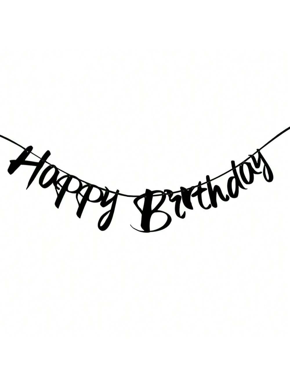 A black glitter banner spelling out Happy Birthday with elegant script font.