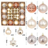 A collection of festive Christmas ornaments featuring various designs and finishes including gold, silver, and rose gold tone