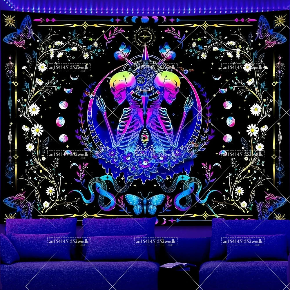 A vibrant tapestry featuring a central lotus design with glowing chakra elements and intricate floral patterns.