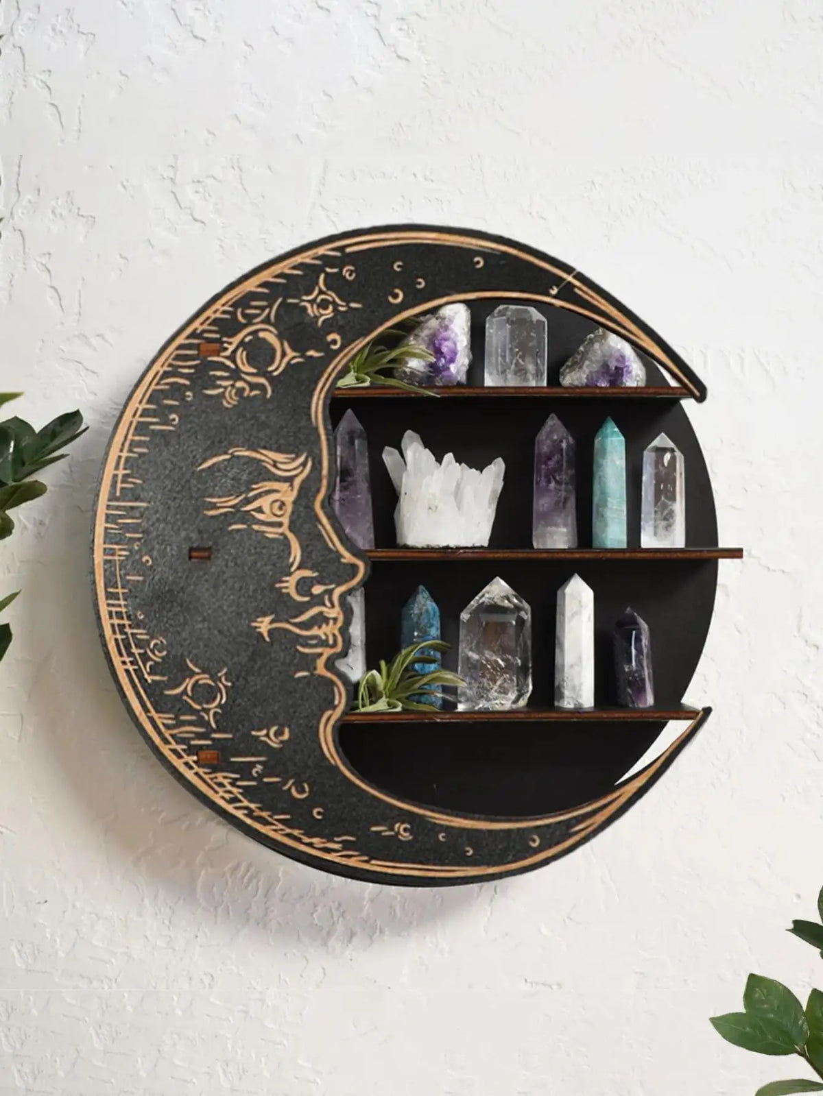 3-Tier Round Wooden Wall Shelf with Crystal Display