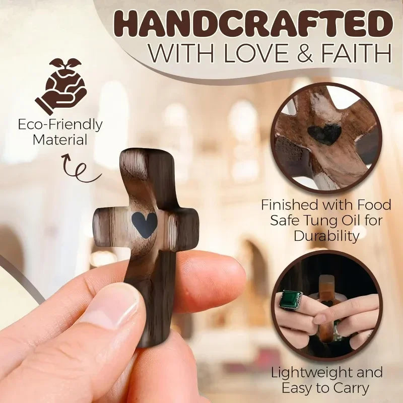 A hand holds a dark wooden pocket cross, handcrafted with love and faith, finished with food-safe tung oil for durability.