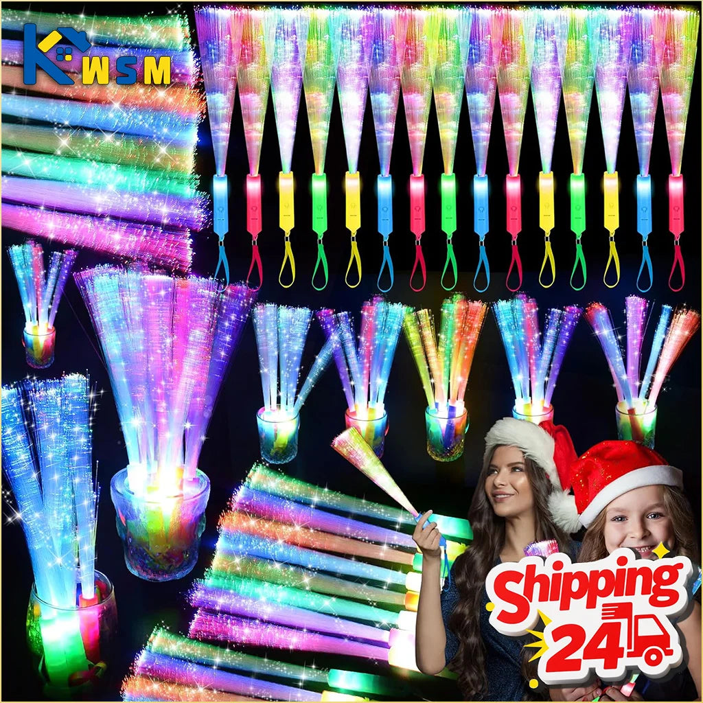 A display of colorful LED glow wands with fiber optic lights arranged vertically and horizontally.