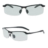 A pair of black photochromic polarized driving sunglasses with an alloy frame shown from the front.