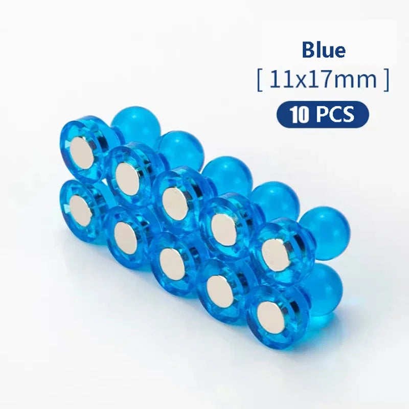 A pack of 10 blue neodymium pin magnets with plastic shells, measuring 11x17mm each.