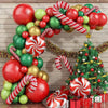 A festive Christmas balloon garland arch kit featuring red and green balloons, candy cane stripes, and lollipops.