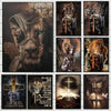 A collection of canvas wall art featuring religious themes, including a man with a lion's head and a warrior figure.