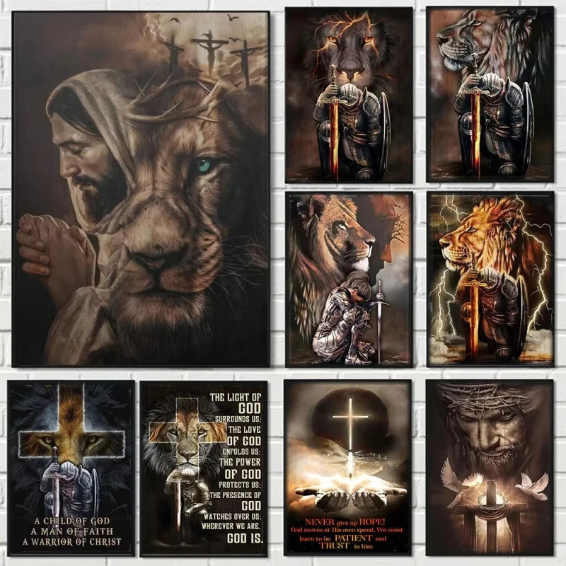 A collection of canvas wall art featuring religious themes, including a man with a lion's head and a warrior figure.
