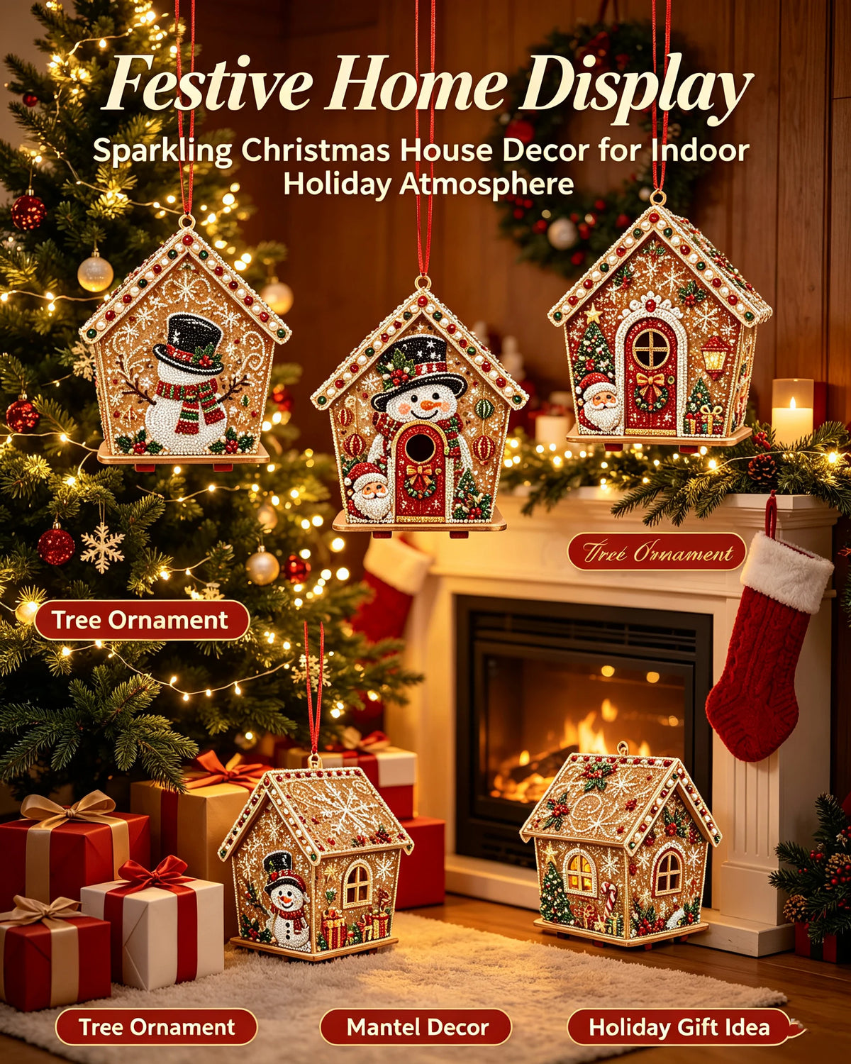 Festive home display featuring gingerbread house diamond painting ornaments and holiday decor