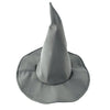 A gray witch hat with a pointed crown and wide brim.