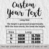 A graphic showing size options for custom text, including S, M, and L sizes with corresponding height measurements in centime