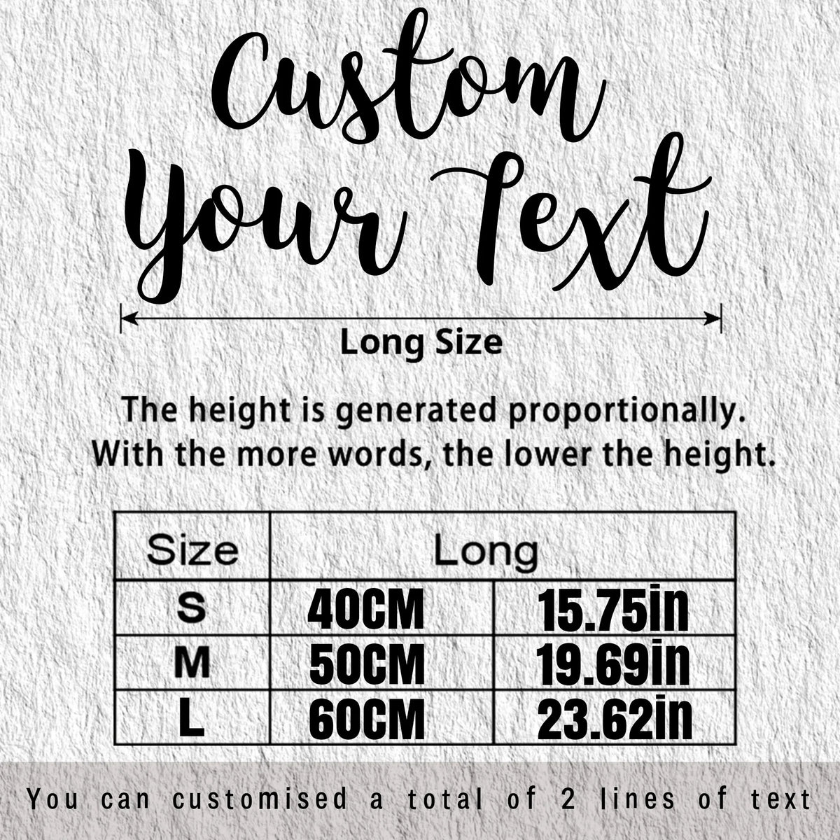 A graphic showing size options for custom text, including S, M, and L sizes with corresponding height measurements in centime