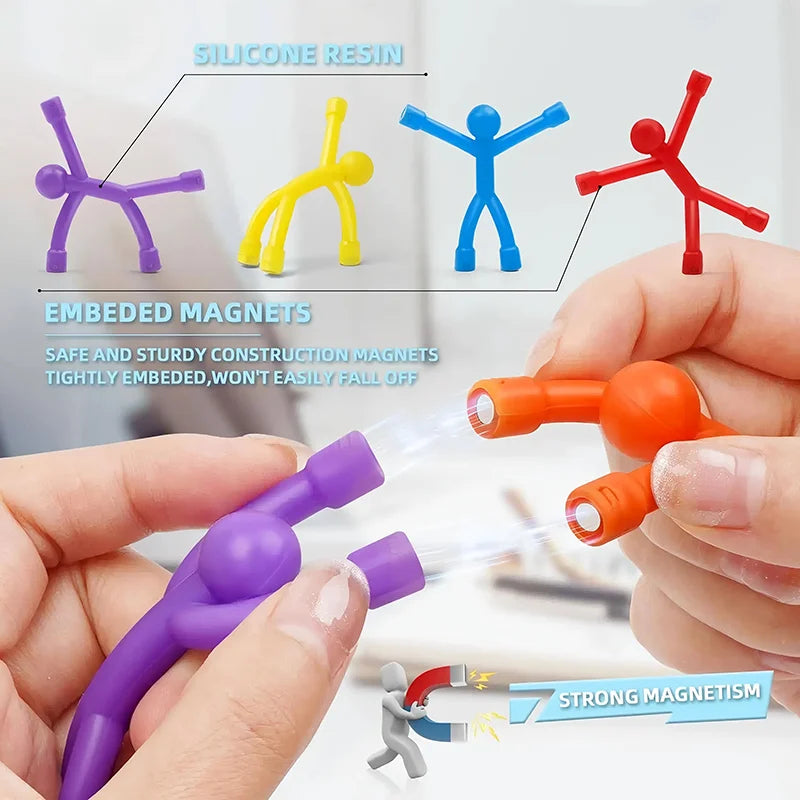 Hand demonstrates strong magnetism of colorful silicone resin magnets used for decoration and notes.
