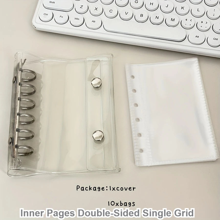 Clear plastic binder cover and white inner pages for a macaron binder product