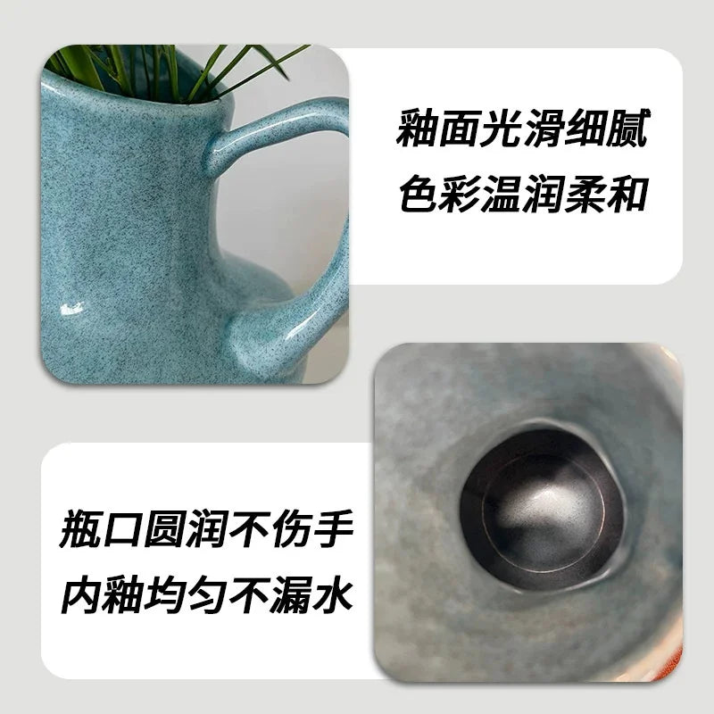 A light blue ceramic vase with a handle and a round opening, featuring a warm glaze.