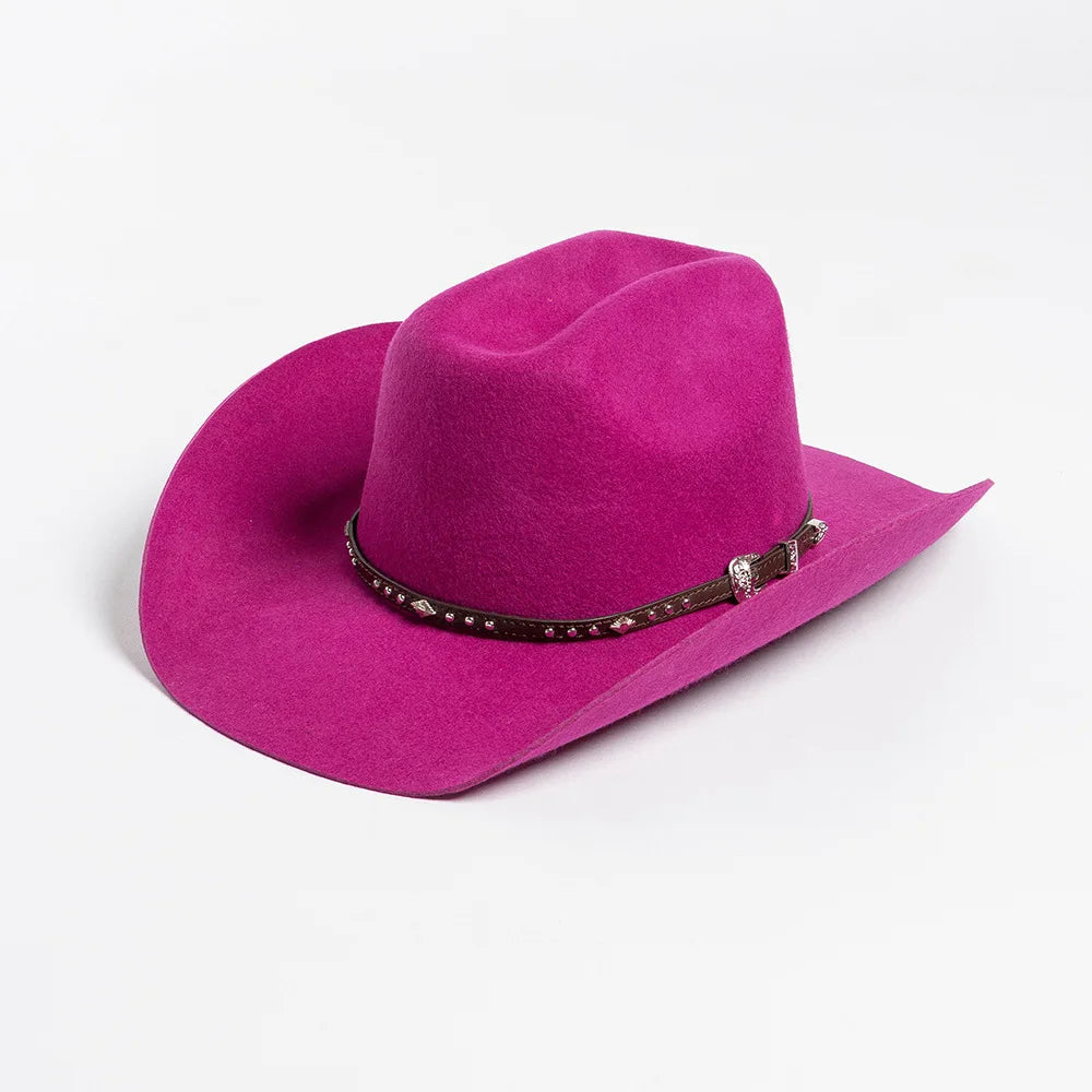A magenta wool cowboy hat with a studded leather band.