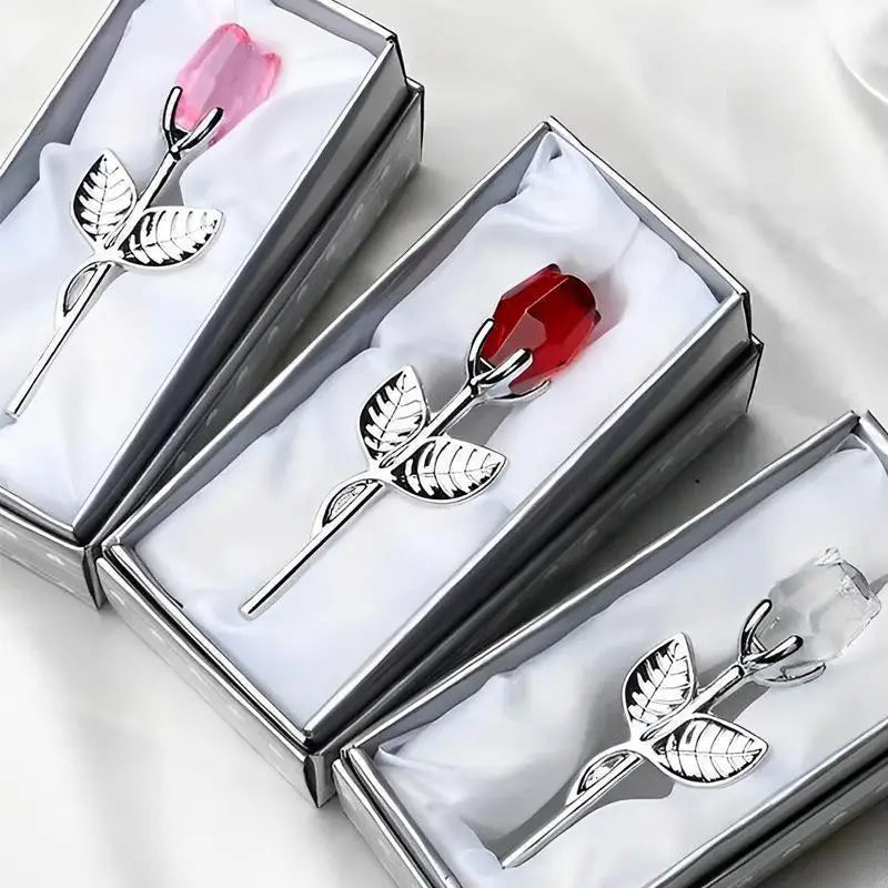 Silver crystal rose artificial flower in a rectangular box with white lining