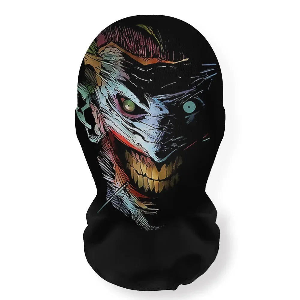 A black Halloween skeleton face mask with a detailed skull design and breathable mesh hood.