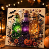 Diamond painting wall decor featuring four glass bottles with Halloween themes like skulls and bats surrounded by autumn foli