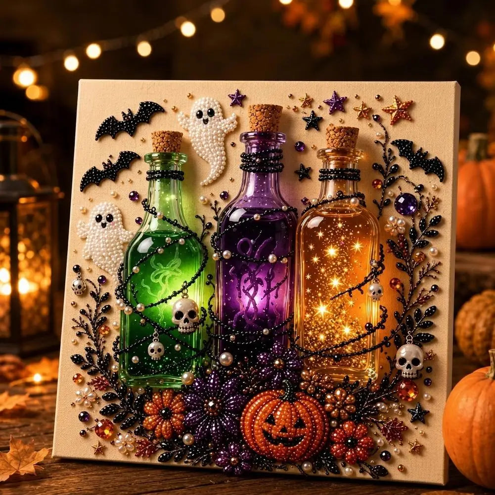 Diamond painting wall decor featuring four glass bottles with Halloween themes like skulls and bats surrounded by autumn foli