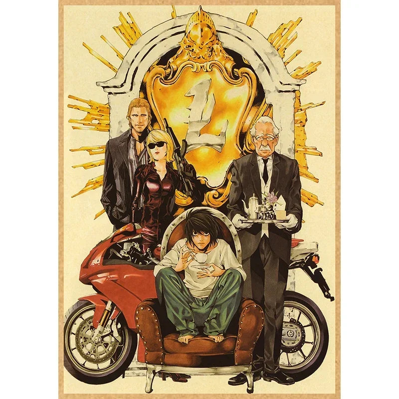 Vintage anime canvas wall art featuring characters from Death Note surrounded by a golden sunburst and a large number one