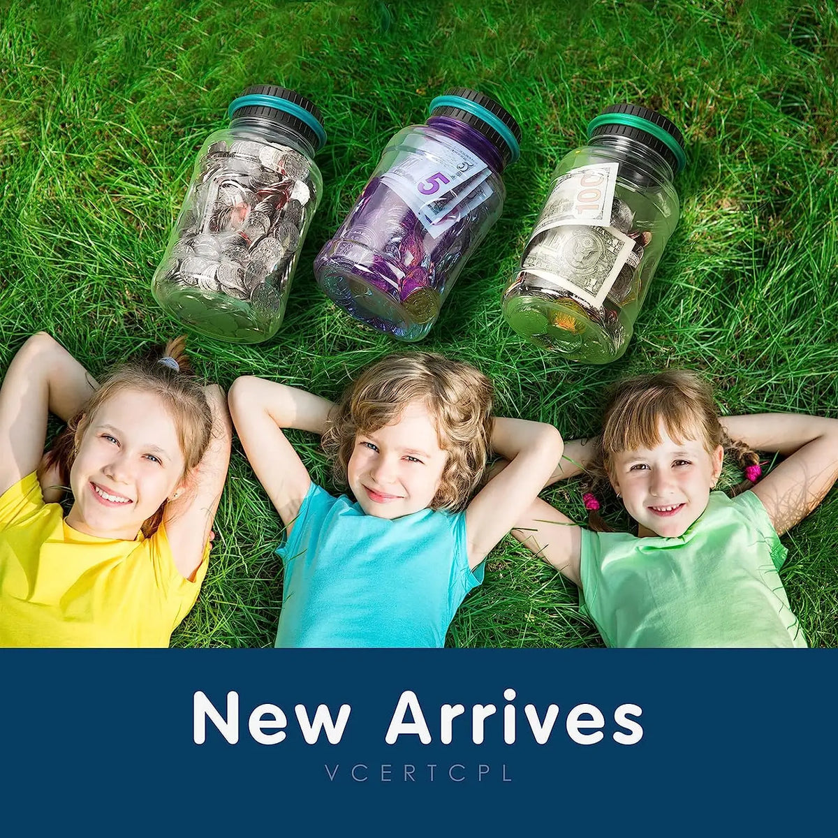 Three children smiling outdoors with glass jars filled with various items, likely a transparent counting piggy bank product.
