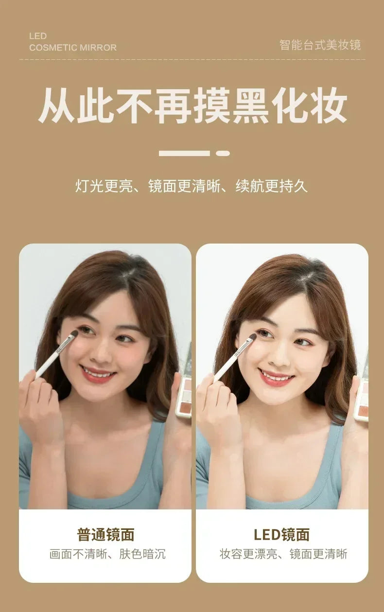 A comparison showing a regular mirror and an LED touch makeup mirror, highlighting the improved clarity of the LED screen.