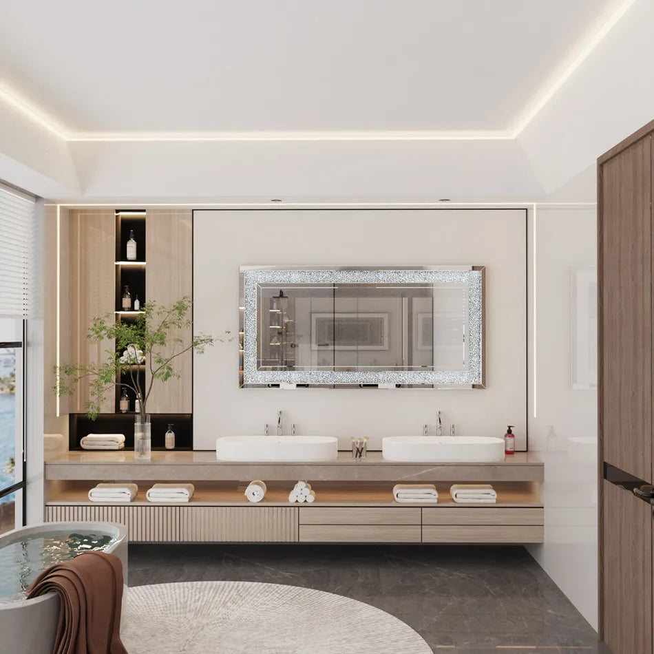 A silver crystal rhinestone wall mirror with a sparkling frame displayed above a modern vanity.