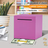 A pink decorative metal piggy bank is shown next to a stack of money and potted plants.