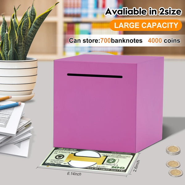 A pink decorative metal piggy bank is shown next to a stack of money and potted plants.