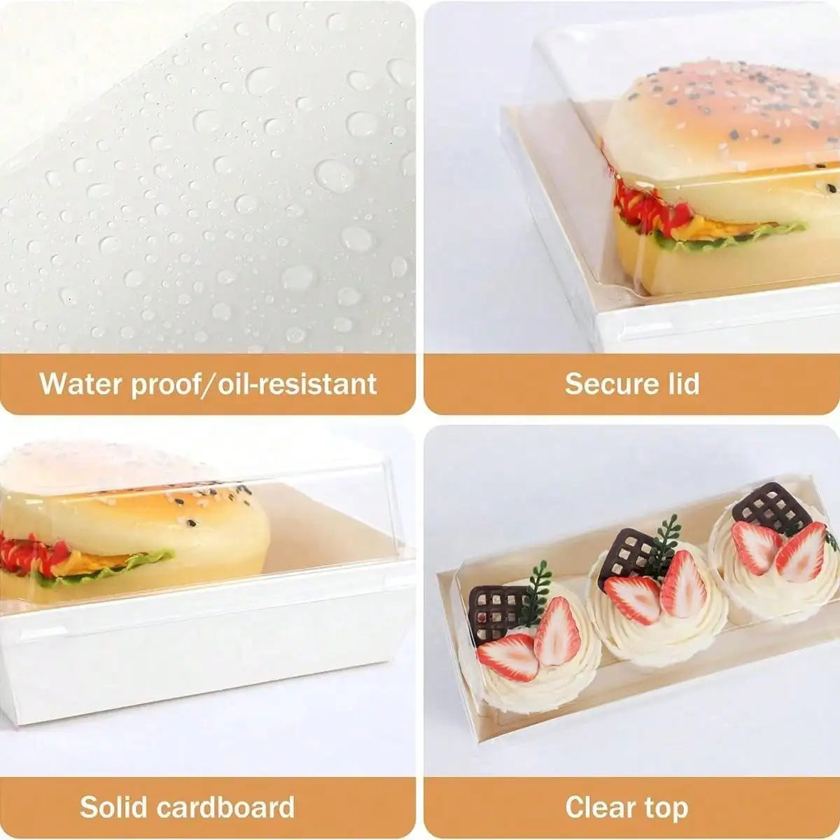 Minimalist kraft sandwich boxes for pastries bread and swiss rolls shown with various features like water proof lid and solid