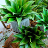 A vibrant green artificial agave plant in a gray pot surrounded by natural wood pieces and ferns.