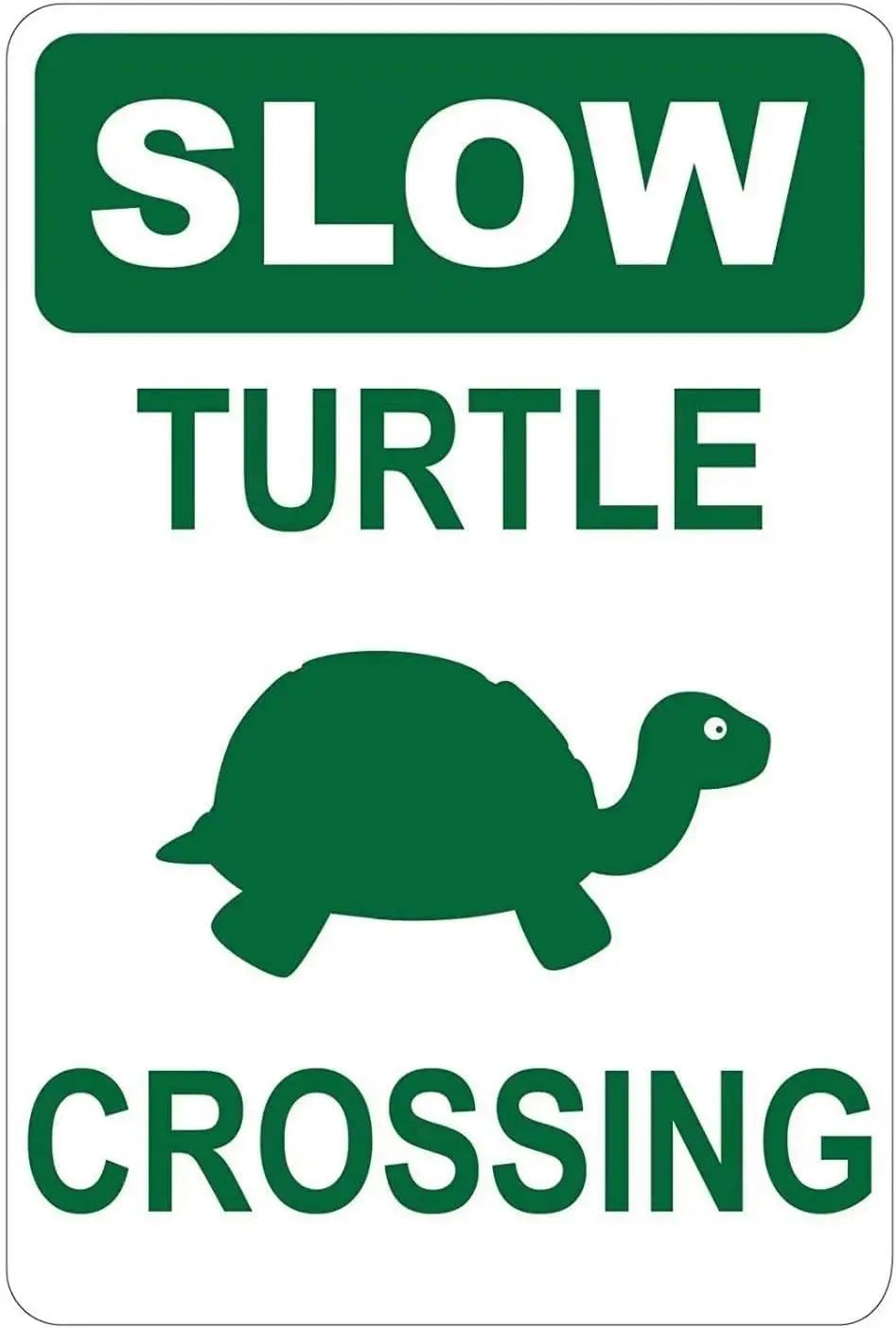 A green road sign indicating a slow turtle crossing area.