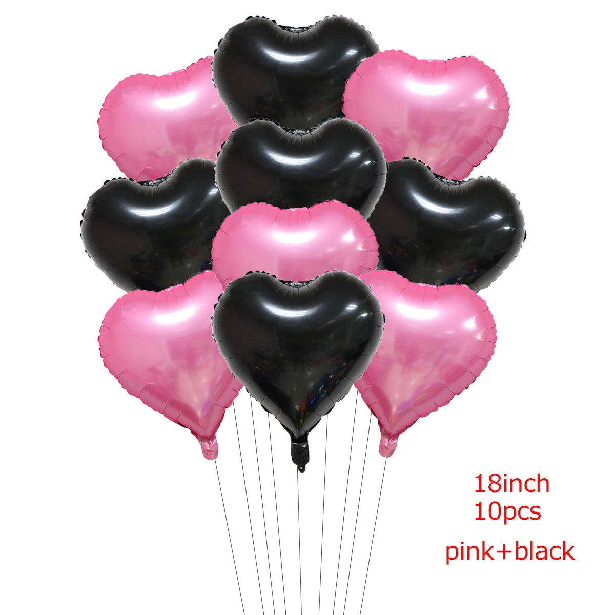 A bundle of ten pink and black heart-shaped foil balloons tied together by strings.