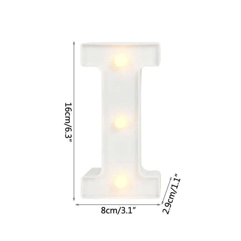 A white alphabet letter light shaped like the letter I with warm white LED lights.