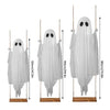White ghost decoration hanging from a rod with string lights for Halloween