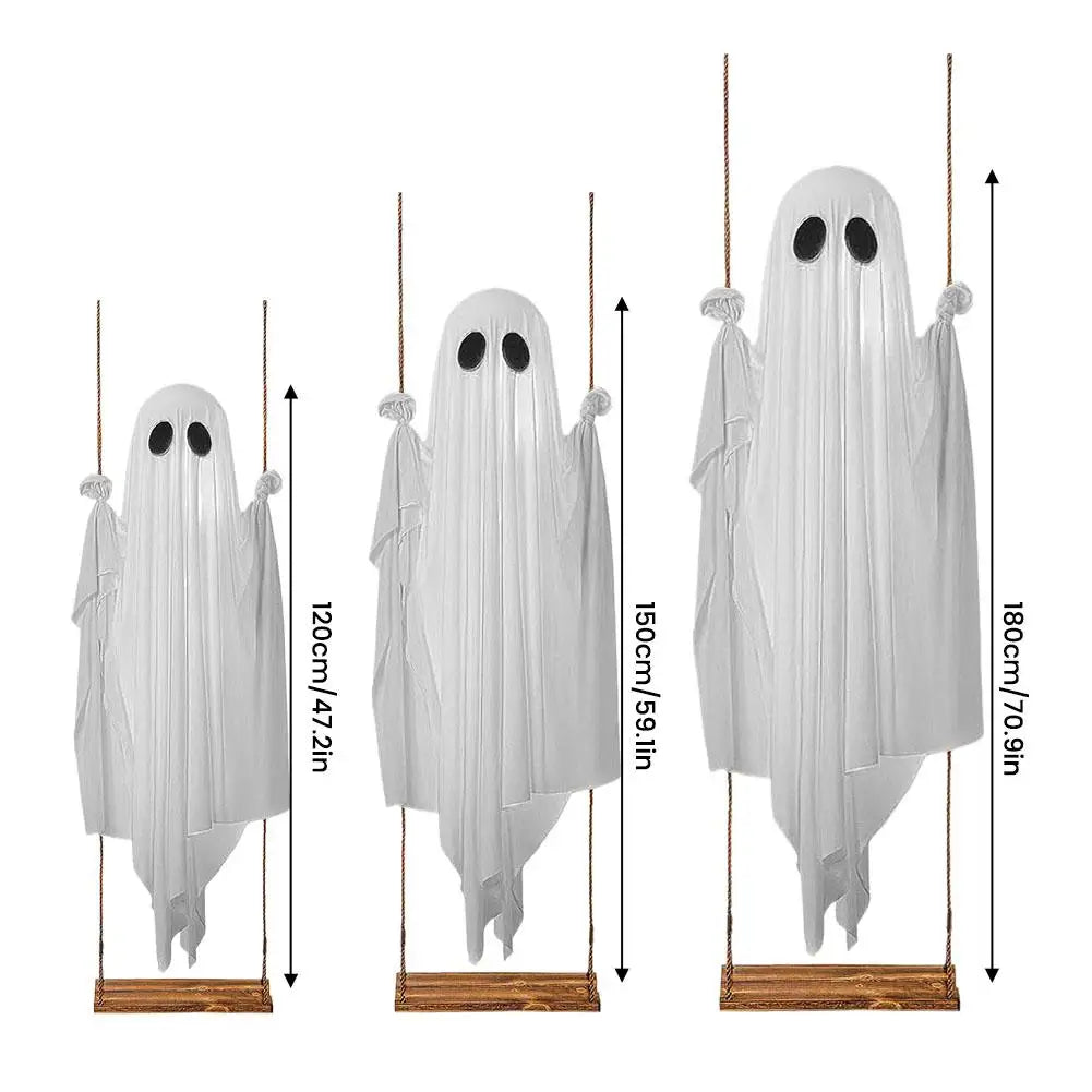 White ghost decoration hanging from a rod with string lights for Halloween