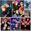 Wall art featuring calligraphy and characters from Jujutsu Kaisen anime series