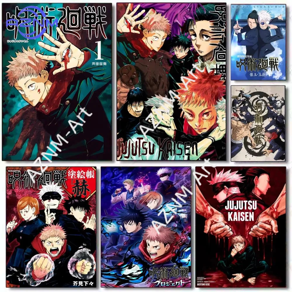 Wall art featuring calligraphy and characters from Jujutsu Kaisen anime series