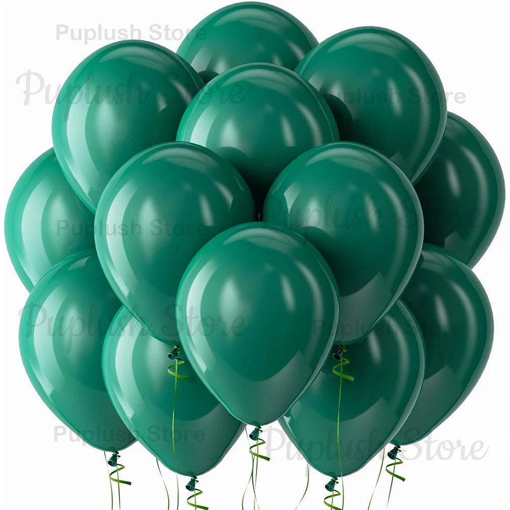 A bunch of sage green latex balloons clustered together.