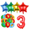 A set of colorful foil balloons and a red inflatable number 3 for a birthday party decoration.