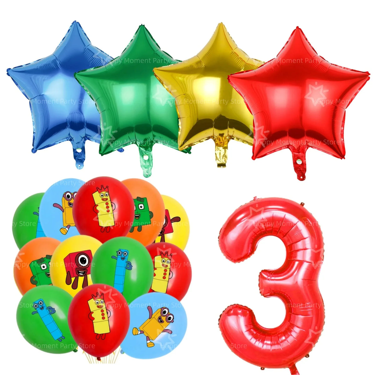 A set of colorful foil balloons and a red inflatable number 3 for a birthday party decoration.