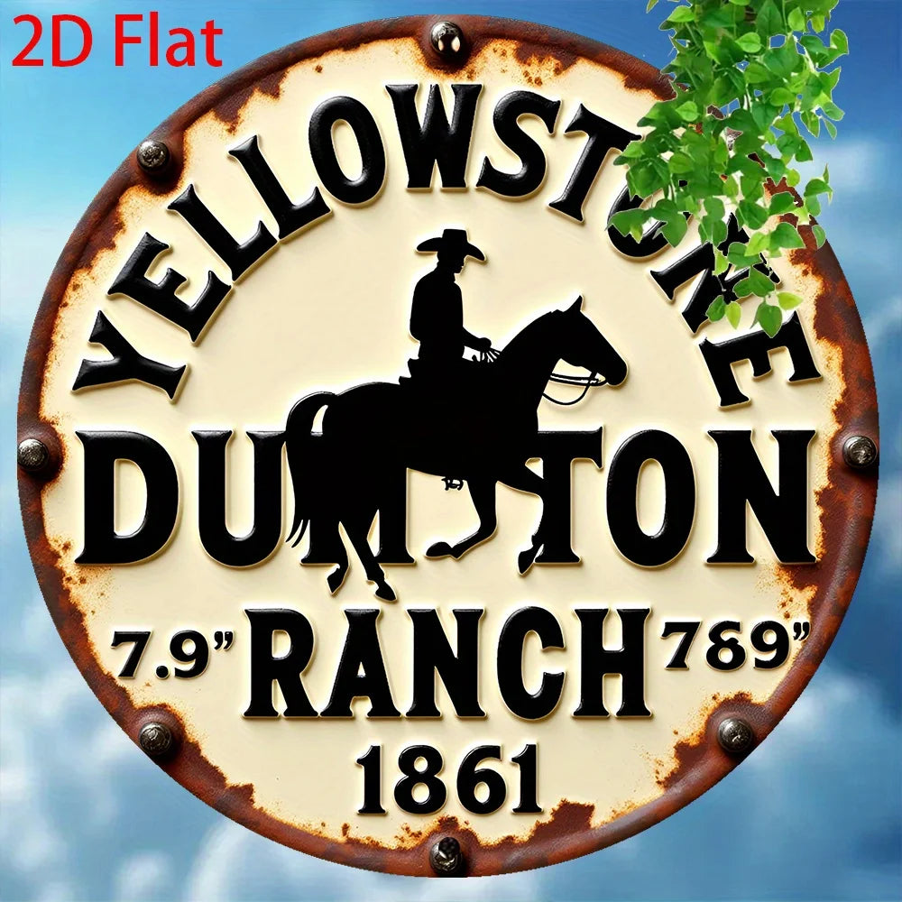 Vintage metal wall sign featuring a silhouette of a cowboy riding a horse and text for Yellowstone Dutton Ranch 7.9 Ranch 789