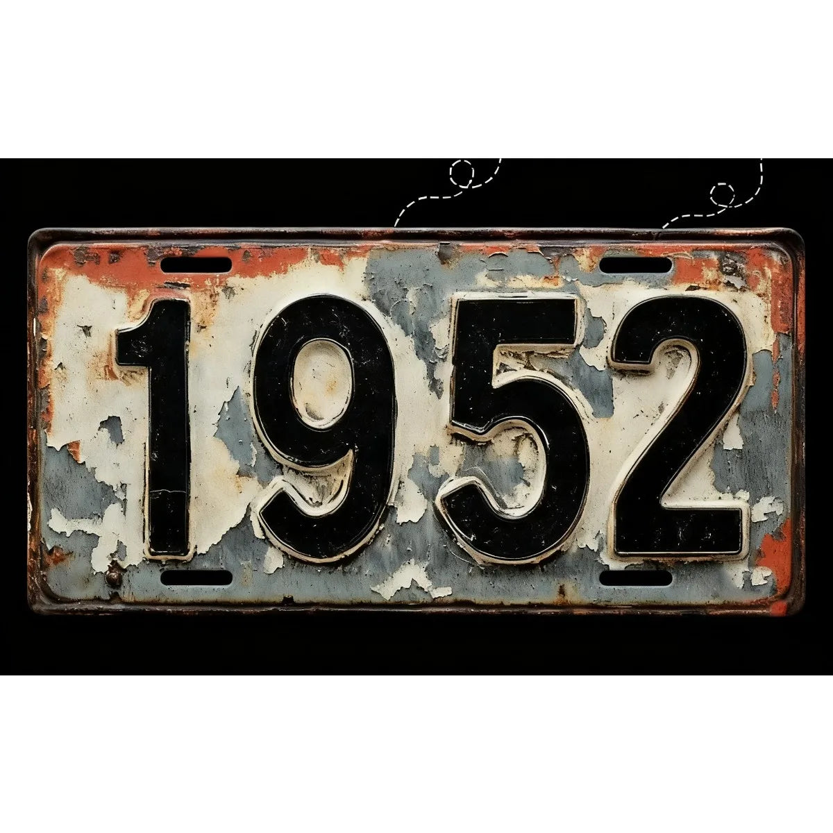 A vintage aluminum license plate with the year 1952, showing signs of rust and fading.