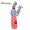 A pink inflatable flame lamp decoration with a carved face and translucent blue hands.