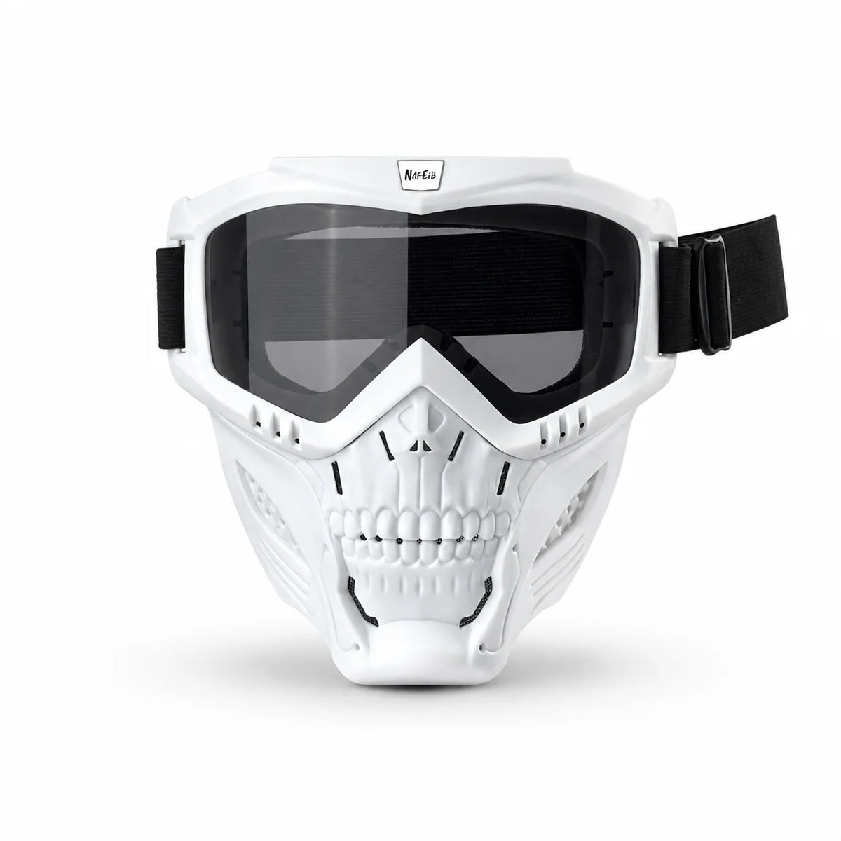 White full face skull riding goggles with black lens and strap